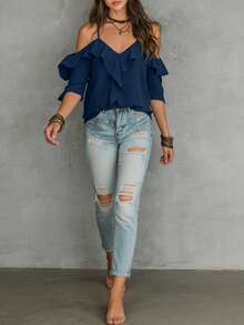 LUMIGAL Women's Summer Beach Vacation Style Solid Color Cold Shoulder Ruffle Trim Blouse - Navy Blue - View 3