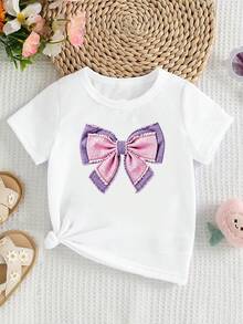 Elladie kids 春、夏、秋季：時尚創意清新簡約粉紫色蝴蝶結印花女童基本款短袖T恤 - 舒適日常穿著 - 白色 - 查看 3