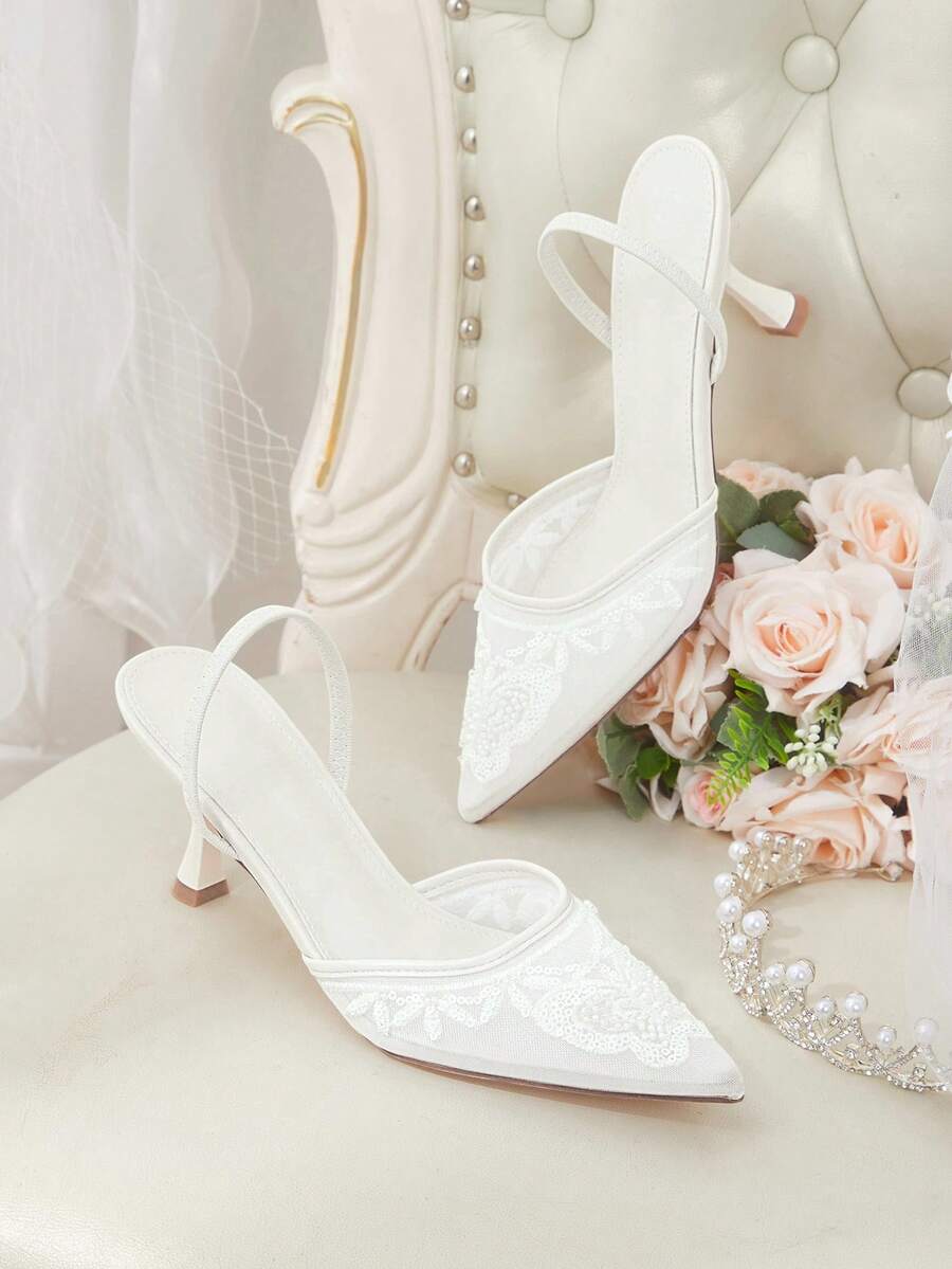 CUCCOO HITCHD Summer New Flower Embroidery Lace Sequins Pointed Wine Glasses Heel Elegant Romantic White Mesh Ladies High Heel Sticks Bridal Shoes Dating Wedding - White - View 1