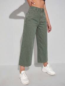 Pantalones cortos de mezclilla versátiles con bolsillos y botones para mujer - Verde - Ver 5