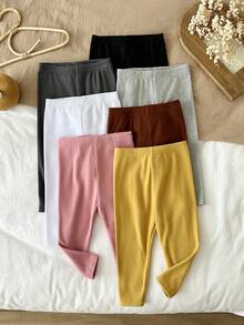SHEIN 女嬰 7件組 針織純色修身休閒抓絨內裡秋季內搭褲套裝 - 彩色 - 查看 8