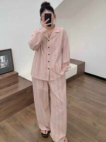 Dazy Plus Striped Colorblock Loose Short Sleeve Top & Long Pants Loungewear Set, Pink, Spring/Summer/Autumn, Plus Size Women's Pajama Set - Pink - View 6