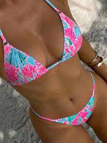 Swim Vcay 2026 Women's Summer Beach Vacation Shell Print Halter Bikini Set, Random Print - Multicolor - View 3