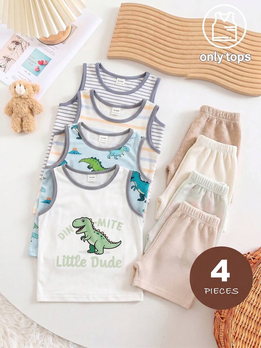 4pcs Baby Boy Striped Cartoon Print Sleeveless Vest Set - Multicolor - View 1