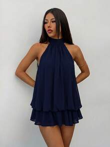 SHEIN PETITE 女款優雅淡黃色掛脖綁帶迷你洋裝，派對與約會穿搭，適合秋冬與春夏，優雅女裝，優雅洋裝，派對優雅洋裝，女士優雅洋裝，優雅洋裝，小個子女性 - 藏蓝色 - 查看 4