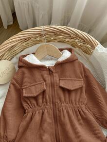 Baby Girl Cute Corduroy Hooded Thermal Lined Jacket, Autumn/Winter - Brown - View 4