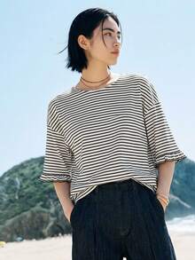 FRIFUL Camiseta holgada casual versátil a rayas para mujer, primavera y verano - Blanco y Negro - Ver 7