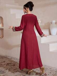 Al Najma 刺繡蕾絲飾邊拼接優雅時尚長袖保守風洋裝 - 酒紅色 - 查看 7