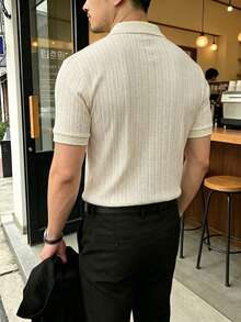 Core Aspect Men's Summer Short Sleeve Button-Up Solid Color Minimalist Polo Shirt - Apricot - View 2