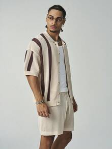 ÉpureWay Men's Striped Pattern Button Front Short Sleeve Top And Shorts Knit Sweater Set Men Crochet Short Set Men Stripe Button Up Shirt Shorts Set - Multicolor - View 5