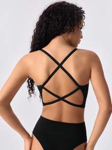 Loungeista Seamless Knitted Ribbed Sexy Wireless Bra For Women, Criss-Cross Strap Backless Sports Bra - Black - View 2