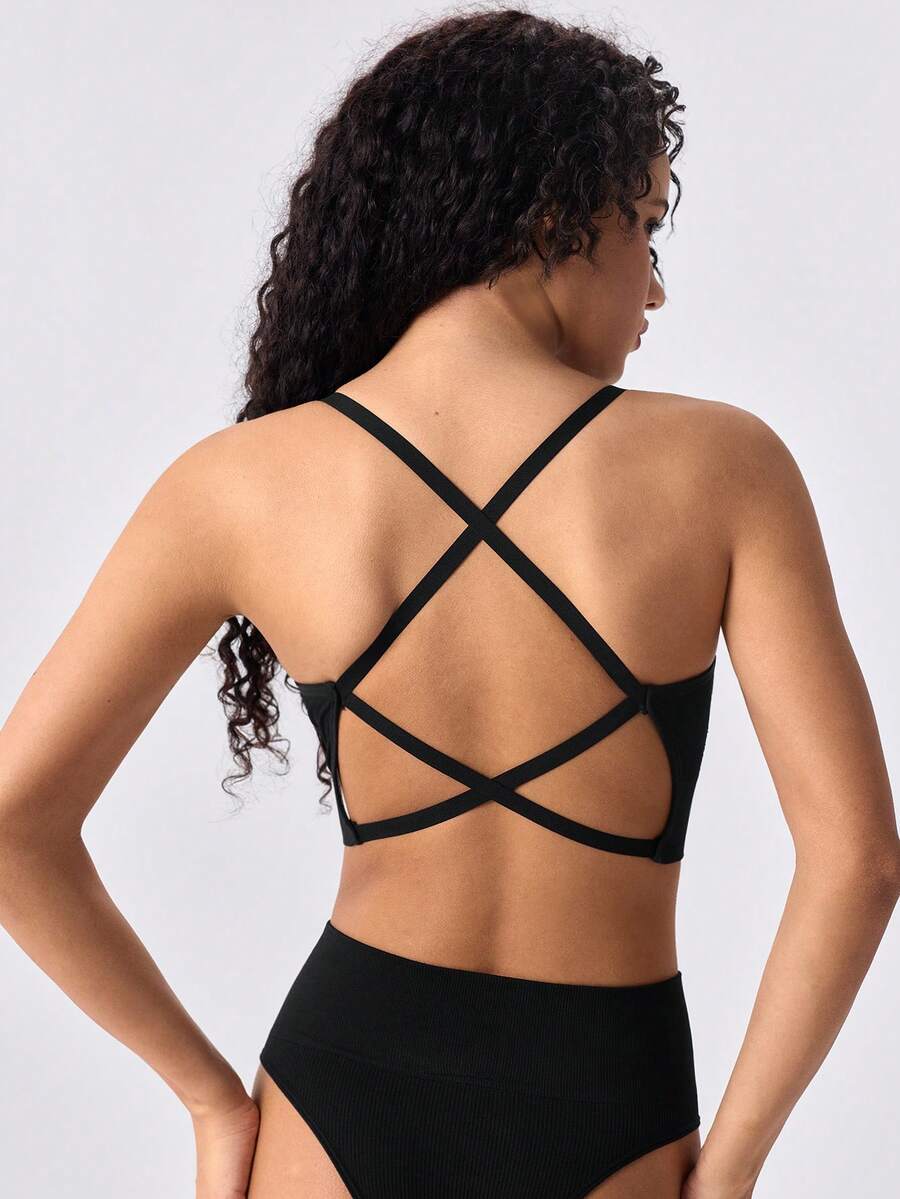 Loungeista Seamless Knitted Ribbed Sexy Wireless Bra For Women, Criss-Cross Strap Backless Sports Bra
