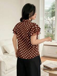 Feyla Chic Brown Polka Dot Women's Blouse V Neck Tie Front Satin Silk Feel Top With Ruffle Lace Trim Sleeves Fashionable Work Or Date Night Apparel - Coffee Brown - View 5