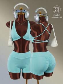 Amplova Ensemble de soutien-gorge de sport et short de couleur unie avec dos croisé pour femmes - Bleu ciel - Voir 3