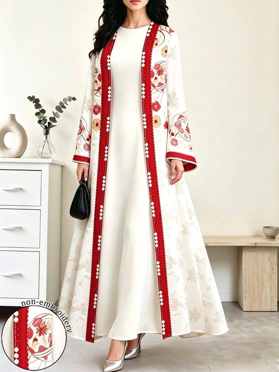 SHEIN Najma 花卉與紅色蕾絲印花女款優雅阿拉伯長袍,春秋時尚長袖前開襟長外套,阿拉伯風情服飾 - 彩色 - 查看 1