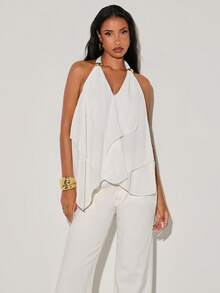 Normani Women's French-Style Elegant Sexy Asymmetrical Pleated Halter Top With Metal Buttons Backless Design White Sleeveless Blouse Resort Vibe Night Out - White - View 5