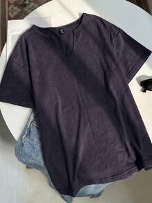 SHEIN EZwear 大尺碼春夏服飾 大尺碼春夏雪洗醋酸做舊巧克力棕色寬鬆短袖小V領大尺碼T恤棉質面料春夏服飾 - 藏蓝色 - 查看 7