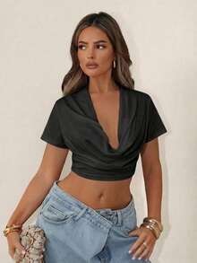 Sirith New Deep V-Neck Crop Top, Sexy Revealing Midriff Design - Black - View 6