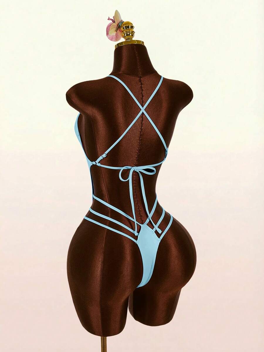 Amplova 女款一件式鋼圈V領露背綁帶泳衣，性感前衛，適合度假與日常穿著 - 藍色 - 查看 1