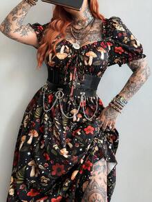 Whyspr Gaun Liburan Motif Jamur Gaya Punk Musim Semi/Panas Ukuran Besar dengan Bahu Terbuka - Hitam - View 7