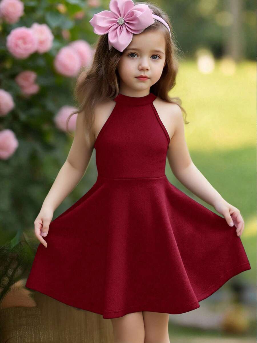 SHEIN 女童休閒優雅立領無袖A字洋裝,適合生日派對洋裝,女童洋裝,姊妹套裝 - 酒紅色 - 查看 1