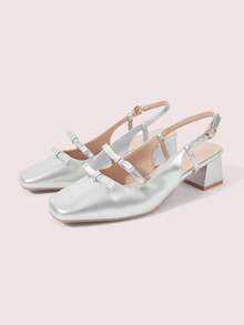 CUCCOO DOLLMOD Sepatu Mary Jane Gaya Retro Prancis Terbaru dengan Pita dan Hak Blok, Anggun & Elegan, Cocok untuk Hari Valentine, Natal, dan Musim Semi. - Perak, - View 4