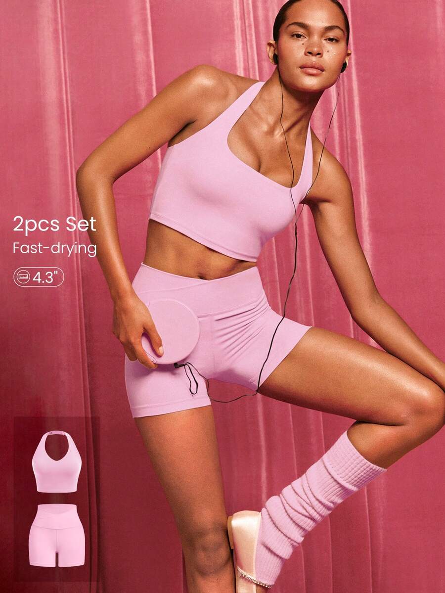 GLOWMODE 2 Pieces FeatherFit™-Sculpt Super Set Adjustable Halter Sports Tank Top & 4.3" Y-Shaped Butt Crossover Waist Active Shorts Set Workout Gym - Baby Pink - View 1