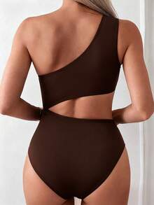 Swim Basics Women's Solid Color One-Shoulder Ruched Cutout One-Piece Swimsuit, Suitable For Beach Vacation, Pool Party, Beach Party - Brown - View 2