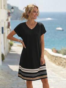 EMERY ROSE Women's Summer Short-Sleeved Dress With Geometric Pattern Print Casual - Black - View 1