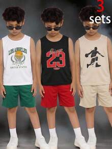 SHEIN 3sets Kids Tween Boy Casual Loose Letter Print Crew Neck Short Sleeve Tank Top & Shorts 2-Piece Set Multi-Pack Suitable For Commuting School Daily Casual Outings Sports Spring Summer - Multicolor - View 2