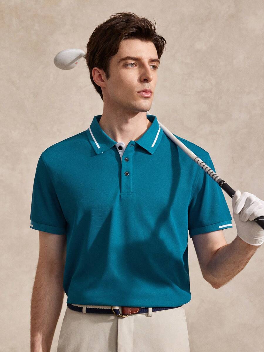 Courvante 男士條紋短袖休閒通勤 Polo 衫,男裝 - 青碧色 - 查看 1