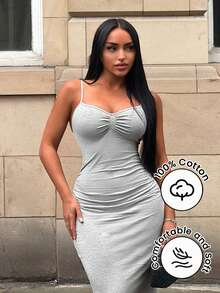 SHEIN SXY Women's Solid Color Pleated Elegant Sexy Bandage Casual Minimalist Party Going Out Golf Night Out Long Strap Dress Pastal Summer Gray - Grey - View 8