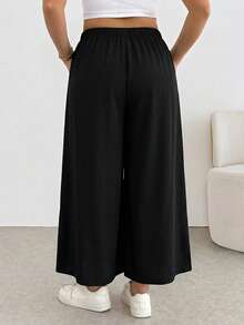 SHEIN Tall CURVE Plus Size Women's Solid Color Pocket Casual Wide Leg Cropped Pants Formal Office Brunch Bussines Teacher Black Autumn Teachers' Day - Black - View 4