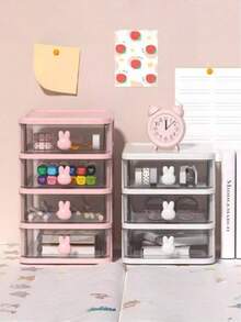 1Pc 4-Layer Drawer Storage Box With Pen Holder, Muti-Functional Office Stationery Desktop Organizer, Cute Rabbit-Shaped Handle Suitable For Dining Table Decoration And Office Desk Accessories. - A - View 6