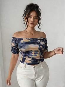 SHEIN Clasi Plus Size Tie-Dye Short Sleeve T-Shirt With Off Shoulder Neckline And Side Ruched Detail - Multicolor - View 4