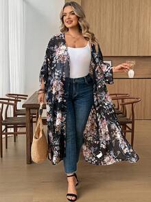 SHEIN CURVE+ 大尺碼休閒寬鬆透視開襟外套，百搭日常穿著，花卉和服風長版開襟，初秋旅行度假款 - 彩色 - 查看 3