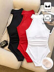 Franclia Bodysuit Tanpa Lengan Elastis Tinggi Kasual Elegan untuk Musim Panas dengan Cup Terintegrasi, Leher Halter, Cocok untuk Pemakaian Sehari-hari, Perjalanan, Kencan, Liburan, Kombinasi Multi-Potongan Multi-Warna untuk Wanita - MultiWarna - View 3