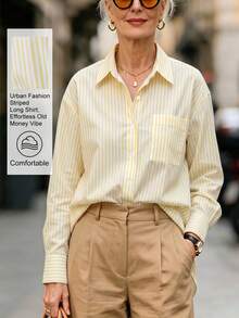 SHEIN Franclia Fashionable Loose Long Sleeve Shirt Front Tie Design Classic Striped Shirt Style Suitable For Daily Outings Vacation Dating White Autumn Casual - Multicolor - View 5