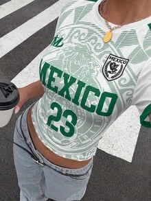 Muchica 女款夏季墨西哥短版足球球衣，抓皺腰線圓領蝙蝠袖上衣，世界盃球迷服飾與街頭風T恤 - 彩色 - 查看 3