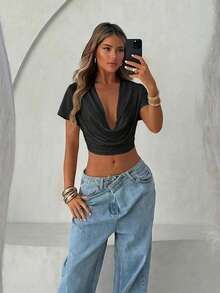 Sirith New Deep V-Neck Crop Top, Sexy Revealing Midriff Design - Black - View 4