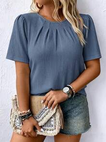 EMERY ROSE Plus Size Casual Solid Color Puff Sleeve Blouse - Blue - View 3