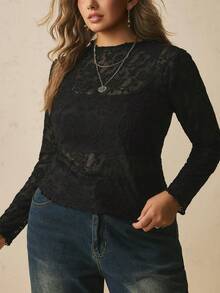 Freevana Plus Size Vacation Black Ditsy Floral Print Long Sleeve Base Layer Top Night Autumn Elegant Sexy Fall Date Night Cocktail Dinner Wedding Guest - Black - View 3