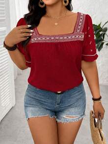 SHEIN LUNE Plus Size Women's Embroidered Square Collar Ruffle Sleeve Shirt,Burgundy Summer Boho Vacation Fashion Casual Minimalist Short Sleeve Top For Spring - Red - View 3