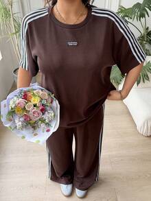 SHEIN EZwear 大码撞色条纹印花贴花圆领上衣和阔腿裤休闲两件套 - 藏蓝色 - 查看 6