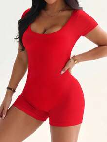 Rhythm Era Women's Plus Size Solid Color Backless Athletic Romper - Red - View 4