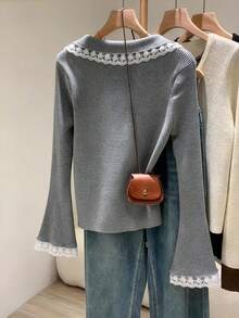 GlowEve CURVE Plus Size Elegant Lapel Lace Trim V-Neck Long Sleeve Cardigan - Grey - View 2