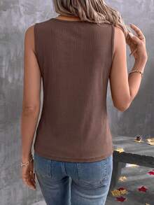 EMERY ROSE Solid Brown Ribbed V-Neck Sleeveless Knit Tank Top For Women - Coffee Brown - View 2