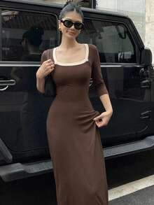 DAZY Women's Elegant Commute Slim Fit Long Dress Summer - Brown - View 3