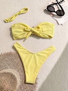 Swim Chiccia Springbreak 簡約純色亮面布料比基尼上衣與 V 型三角褲兩件套（平胸款，附金屬海星飾邊，極簡純色布料） - 黃色 - 查看 2