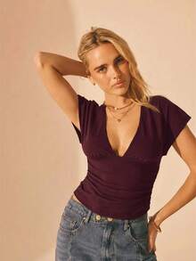 Aralina Women's Solid Color Deep V-Neck Ruched Fitted Versatile Casual T-Shirt - Burgundy - View 5
